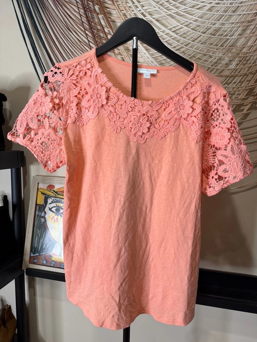 Charter club, peach crochet, and floral top M EUC 2806